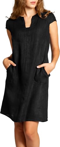 Caspar SKL036 Damen Sommer Leinenkleid mit ausgefallenem Ausschnitt, Farbe:schwarz, Größe:XL - DE42 UK14 IT46 ES44 US12 von Caspar