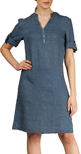 Caspar SKL037 stylisches knielanges Damen Sommer Leinenkleid mit Reißverschluss Ausschnitt, Farbe:Jeans blau, Größe:36 von Caspar