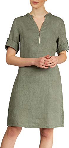 Caspar SKL037 stylisches knielanges Damen Sommer Leinenkleid mit Reißverschluss Ausschnitt, Farbe:Oliv grün, Größe:42 von Caspar