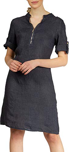 Caspar SKL037 stylisches knielanges Damen Sommer Leinenkleid mit Reißverschluss Ausschnitt, Farbe:dunkelblau, Größe:40 von Caspar