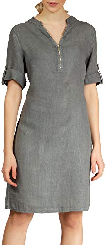 Caspar SKL037 stylisches knielanges Damen Sommer Leinenkleid mit Reißverschluss Ausschnitt, Farbe:grau, Größe:44 von Caspar