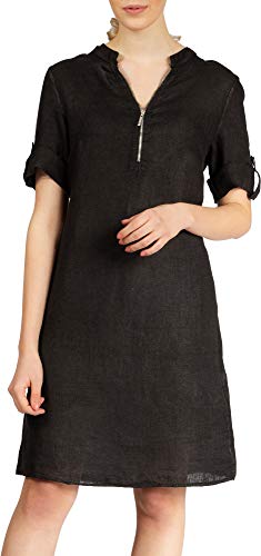 Caspar SKL037 stylisches knielanges Damen Sommer Leinenkleid mit Reißverschluss Ausschnitt, Farbe:schwarz, Größe:40 von Caspar