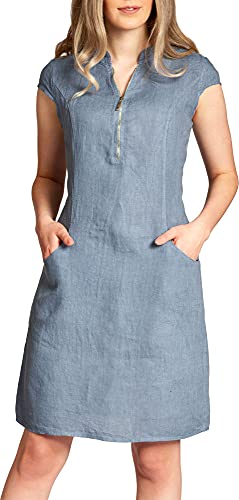 Caspar SKL040 stylisches knielanges Damen Sommer Leinenkleid mit Reißverschluss Ausschnitt, Farbe:Jeans blau, Größe:36 von Caspar