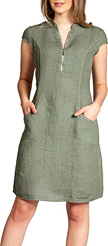 Caspar SKL040 stylisches knielanges Damen Sommer Leinenkleid mit Reißverschluss Ausschnitt, Farbe:Oliv grün, Größe:36 von Caspar