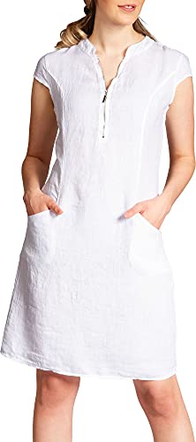 Caspar SKL040 stylisches knielanges Damen Sommer Leinenkleid mit Reißverschluss Ausschnitt, Farbe:Weiss, Größe:36 von Caspar