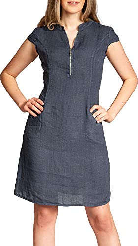 Caspar SKL040 stylisches knielanges Damen Sommer Leinenkleid mit Reißverschluss Ausschnitt, Farbe:dunkelblau, Größe:36 von Caspar