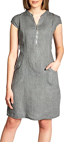 Caspar SKL040 stylisches knielanges Damen Sommer Leinenkleid mit Reißverschluss Ausschnitt, Farbe:grau, Größe:40 von Caspar