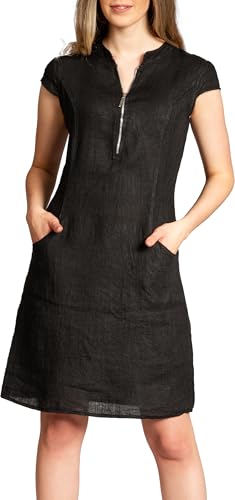Caspar SKL040 stylisches knielanges Damen Sommer Leinenkleid mit Reißverschluss Ausschnitt, Farbe:schwarz, Größe:40 von Caspar