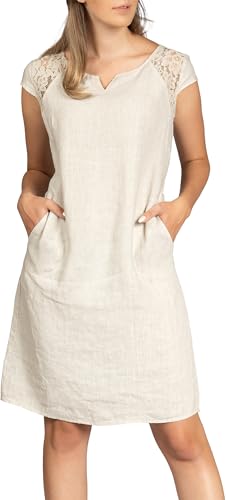 Caspar SKL042 Damen Sommer Leinenkleid mit dezentem Spitzeneinsatz, Farbe:beige, Größe:38 von Caspar