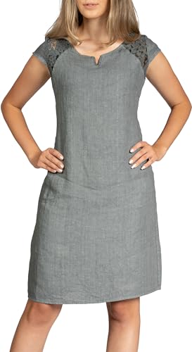 Caspar SKL042 Damen Sommer Leinenkleid mit dezentem Spitzeneinsatz, Farbe:grau, Größe:40 von Caspar