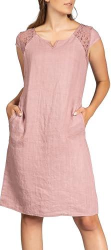 Caspar SKL042 Damen Sommer Leinenkleid mit dezentem Spitzeneinsatz, Farbe:rosa, Größe:40 von Caspar