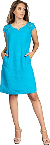 Caspar SKL042 Damen Sommer Leinenkleid mit dezentem Spitzeneinsatz, Farbe:türkis, Größe:38 von Caspar