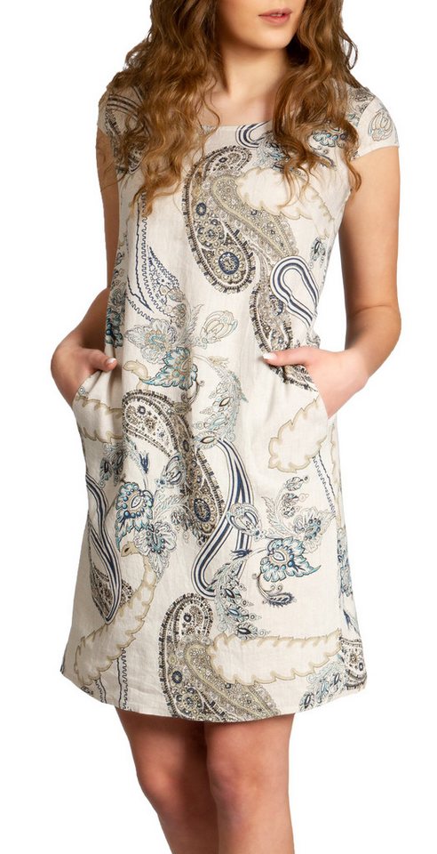 Caspar Sommerkleid SKL022 Damen Sommer Leinenkleid mit Paisley Print bis Größe 50 Luftig leicht, figurumspielende Form, mit seitlichem Jersey-Einsatz von Caspar