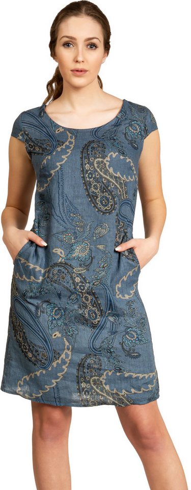 Caspar Sommerkleid SKL022 Damen Sommer Leinenkleid mit Paisley Print bis Größe 50 Luftig leicht, figurumspielende Form, mit seitlichem Jersey-Einsatz von Caspar