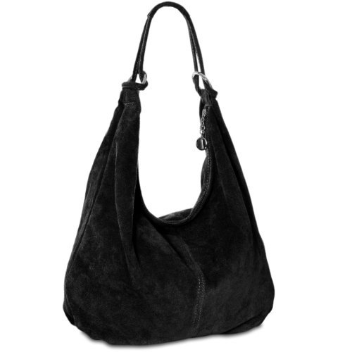 Caspar Große Damen Vintage Veloursleder Tasche Samtweiche Schultertasche aus Leder - CLASSIC LINE - Modell No.617 - Made in Italy, Farbe:schwarz von Caspar