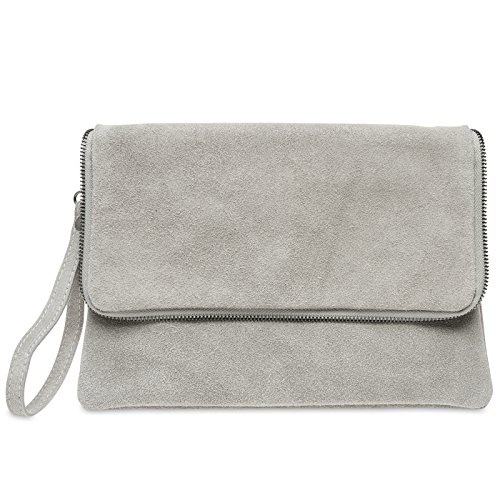 Caspar TL769 Damen Wildleder Clutch Tasche Abendtasche mit Reißverschluss Ziernaht und Handschlaufe, Farbe:hell grau, Größe:One Size von Caspar