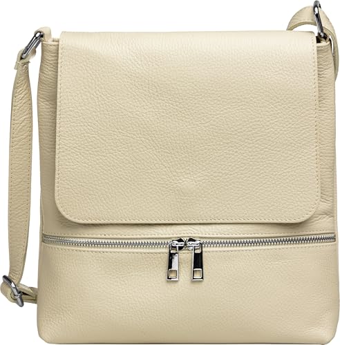 Caspar sportlich elegante Damen Umhängetasche aus Leder - mittelgroße Messenger Bag - CLASSIC LINE - Modell No.811 - Made in Italy, Farbe:beige, Accessoires:One Size von Caspar