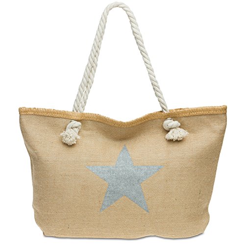 Caspar TS1026 XL Damen Jute Naturfaser Strandtasche/Shopper mit stylischem Stern Print, Farbe:silber, Größe:One Size von Caspar