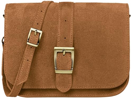 Caspar Vintage Leder Umhängetasche Trachtentasche Mittelgroße Dirndl Damen Handtasche aus Veloursleder - PREMIUM LINE - Modell No.824 - Made in Italy, Farbe:cognac von Caspar