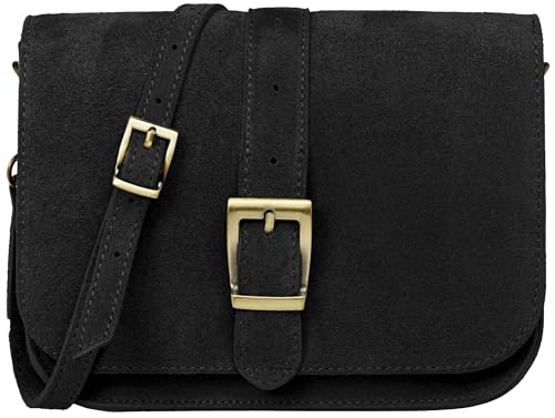 Caspar Vintage Leder Umhängetasche Trachtentasche Mittelgroße Dirndl Damen Handtasche aus Veloursleder - PREMIUM LINE - Modell No.824 - Made in Italy, Farbe:schwarz von Caspar