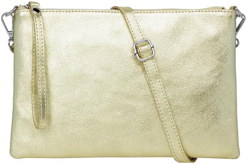 Caspar XL Clutch Echt Leder Damen Umhängetasche große Abendtasche mit abnehmbarem Gurt & Handschlaufe - CLASSIC LINE - Modell No.843 - Made in Italy, Farbe:champagner metallic von Caspar