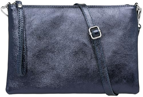 Caspar XL Clutch Echt Leder Damen Umhängetasche große Abendtasche mit abnehmbarem Gurt & Handschlaufe - CLASSIC LINE - Modell No.843 - Made in Italy, Farbe:dunkelblau metallic von Caspar