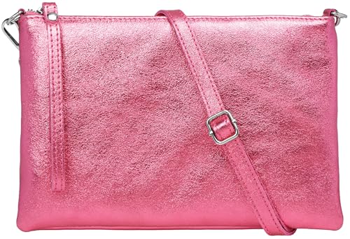 Caspar XL Clutch Echt Leder Damen Umhängetasche große Abendtasche mit abnehmbarem Gurt & Handschlaufe - CLASSIC LINE - Modell No.843 - Made in Italy, Farbe:pink metallic von Caspar