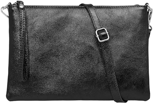 Caspar XL Clutch Echt Leder Damen Umhängetasche große Abendtasche mit abnehmbarem Gurt & Handschlaufe - CLASSIC LINE - Modell No.843 - Made in Italy, Farbe:schwarz metallic von Caspar