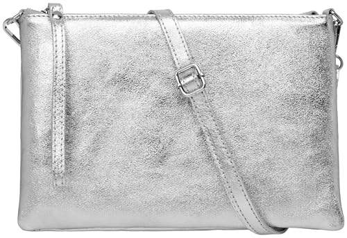 Caspar XL Clutch Echt Leder Damen Umhängetasche große Abendtasche mit abnehmbarem Gurt & Handschlaufe - CLASSIC LINE - Modell No.843 - Made in Italy, Farbe:silber metallic von Caspar