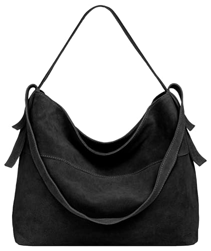 Caspar große Vintage Leder Schultertasche lässige Damen Handtasche aus Wildleder mit Reißverschluss - PREMIUM LINE - Modell No.816 - Made in Italy, Farbe:schwarz von Caspar