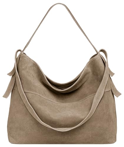 Caspar große Vintage Leder Schultertasche lässige Damen Handtasche aus Wildleder mit Reißverschluss - PREMIUM LINE - Modell No.816 - Made in Italy, Farbe:taupe von Caspar