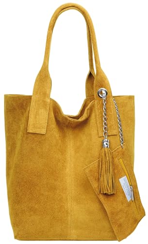 Caspar große Wildleder Shopper Schultertasche XL Damen Handtasche aus Leder mit stylischer Metallkette & kleiner Zusatztasche - CLASSIC LINE - Modell No.828 - Made in Italy, Farbe:curry von Caspar
