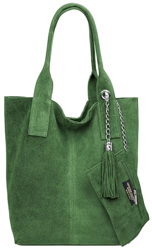 Caspar große Wildleder Shopper Schultertasche XL Damen Handtasche aus Leder mit stylischer Metallkette & kleiner Zusatztasche - CLASSIC LINE - Modell No.828 - Made in Italy, Farbe:olivgrün von Caspar