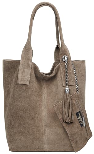 Caspar große Wildleder Shopper Schultertasche XL Damen Handtasche aus Leder mit stylischer Metallkette & kleiner Zusatztasche - CLASSIC LINE - Modell No.828 - Made in Italy, Farbe:taupe von Caspar