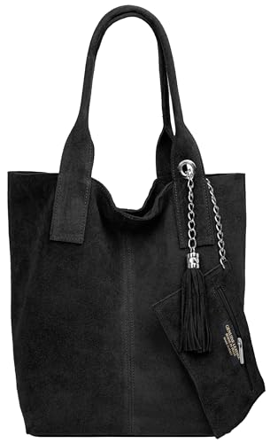 Caspar große Wildleder Shopper Schultertasche XL Damen Handtasche aus Leder mit stylischer Metallkette & kleiner Zusatztasche - CLASSIC LINE - Modell No.828 - Made in Italy, Farbe:schwarz von Caspar