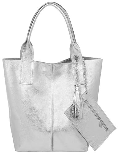Caspar große Wildleder Shopper Schultertasche XL Damen Handtasche aus Leder mit stylischer Metallkette & kleiner Zusatztasche - CLASSIC LINE - Modell No.828 - Made in Italy, Farbe:silber metallic Caspar große Wildleder Shopper Schultertasche XL Damen Handtasche aus Leder mit stylischer Metallkette & kleiner Zusatztasche - CLASSIC LINE - Modell No.828 - Made in Italy, Farbe:silber metallic von Caspar