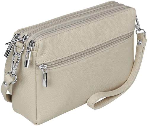 Caspar kleine Leder Umhängetasche Crossbody Bag elegante Damen Tasche mit 3 Fächern - CLASSIC LINE - Modell No.815 - Made in Italy, Farbe:beige von Caspar