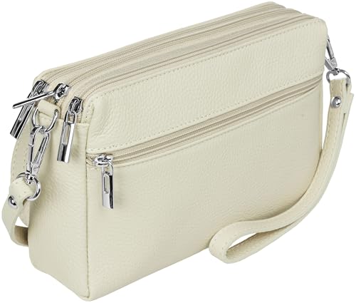 Caspar kleine Leder Umhängetasche Crossbody Bag elegante Damen Tasche mit 3 Fächern - CLASSIC LINE - Modell No.815 - Made in Italy, Farbe:champagner von Caspar