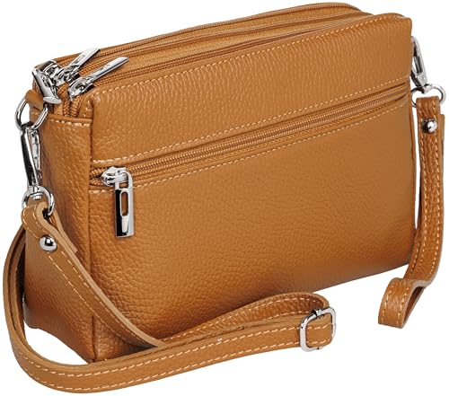 Caspar kleine Leder Umhängetasche Crossbody Bag elegante Damen Tasche mit 3 Fächern - CLASSIC LINE - Modell No.815 - Made in Italy, Farbe:cognac von Caspar