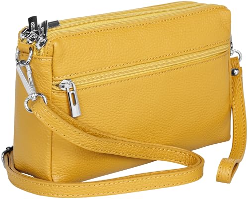 Caspar kleine Leder Umhängetasche Crossbody Bag elegante Damen Tasche mit 3 Fächern - CLASSIC LINE - Modell No.815 - Made in Italy, Farbe:curry von Caspar