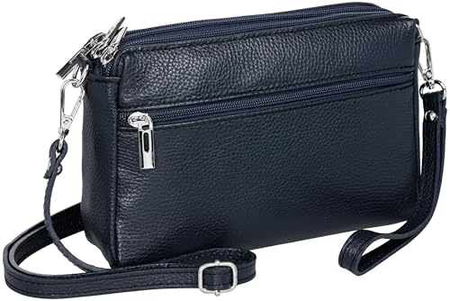 Caspar kleine Leder Umhängetasche Crossbody Bag elegante Damen Tasche mit 3 Fächern - CLASSIC LINE - Modell No.815 - Made in Italy, Farbe:dunkelblau von Caspar
