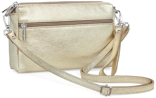 Caspar kleine Leder Umhängetasche Crossbody Bag elegante Damen Tasche mit 3 Fächern - CLASSIC LINE - Modell No.815 - Made in Italy, Farbe:gold metallic von Caspar