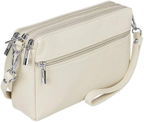 Caspar kleine Leder Umhängetasche Crossbody Bag elegante Damen Tasche mit 3 Fächern - CLASSIC LINE - Modell No.815 - Made in Italy, Farbe:hell beige von Caspar
