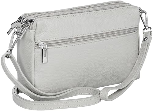 Caspar kleine Leder Umhängetasche Crossbody Bag elegante Damen Tasche mit 3 Fächern - CLASSIC LINE - Modell No.815 - Made in Italy, Farbe:hellgrau von Caspar