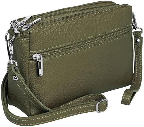 Caspar kleine Leder Umhängetasche Crossbody Bag elegante Damen Tasche mit 3 Fächern - CLASSIC LINE - Modell No.815 - Made in Italy, Farbe:khaki von Caspar