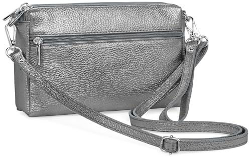 Caspar kleine Leder Umhängetasche Crossbody Bag elegante Damen Tasche mit 3 Fächern - CLASSIC LINE - Modell No.815 - Made in Italy, Farbe:platin metallic von Caspar