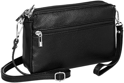 Caspar kleine Leder Umhängetasche Crossbody Bag elegante Damen Tasche mit 3 Fächern - CLASSIC LINE - Modell No.815 - Made in Italy, Farbe:schwarz von Caspar