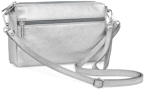 Caspar kleine Leder Umhängetasche Crossbody Bag elegante Damen Tasche mit 3 Fächern - CLASSIC LINE - Modell No.815 - Made in Italy, Farbe:silber metallic von Caspar