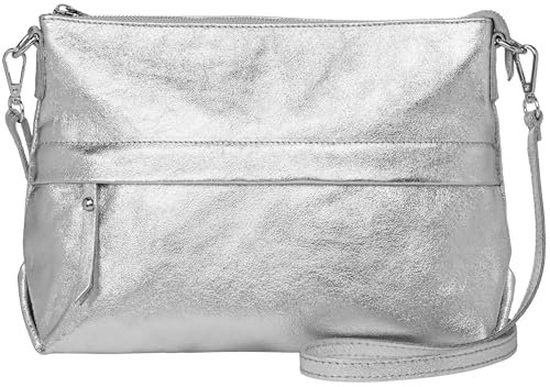 Caspar lässige Umhängetasche Echt Leder Crossbody Bag mittelgroße Damen Handtasche mit viel Stauraum - CLASSIC LINE - Modell No.833 - Made in Italy, Farbe:silber metallic von Caspar
