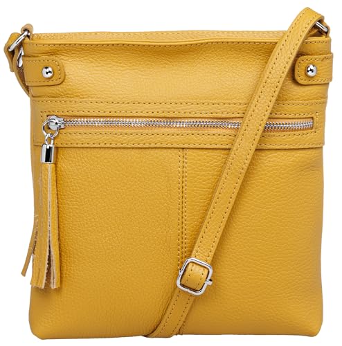 Caspar mittelgroße Leder Crossbody Messenger Bag Umhängetasche klassisch sportliche Damen Tasche - CLASSIC LINE - Modell No.825 - Made in Italy, Farbe:curry von Caspar